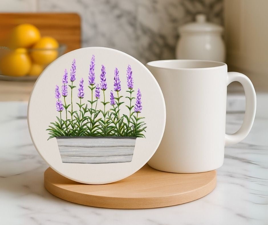 Lavender Planter Ceramic Coaster - MerikaArt