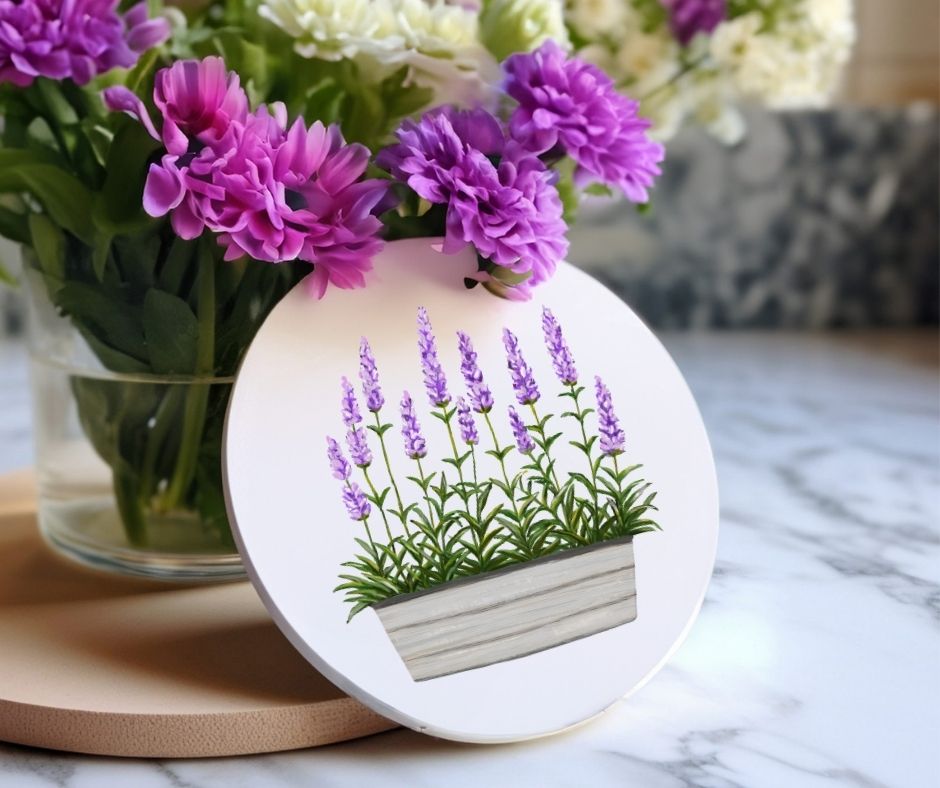 Lavender Planter Ceramic Coaster - MerikaArt