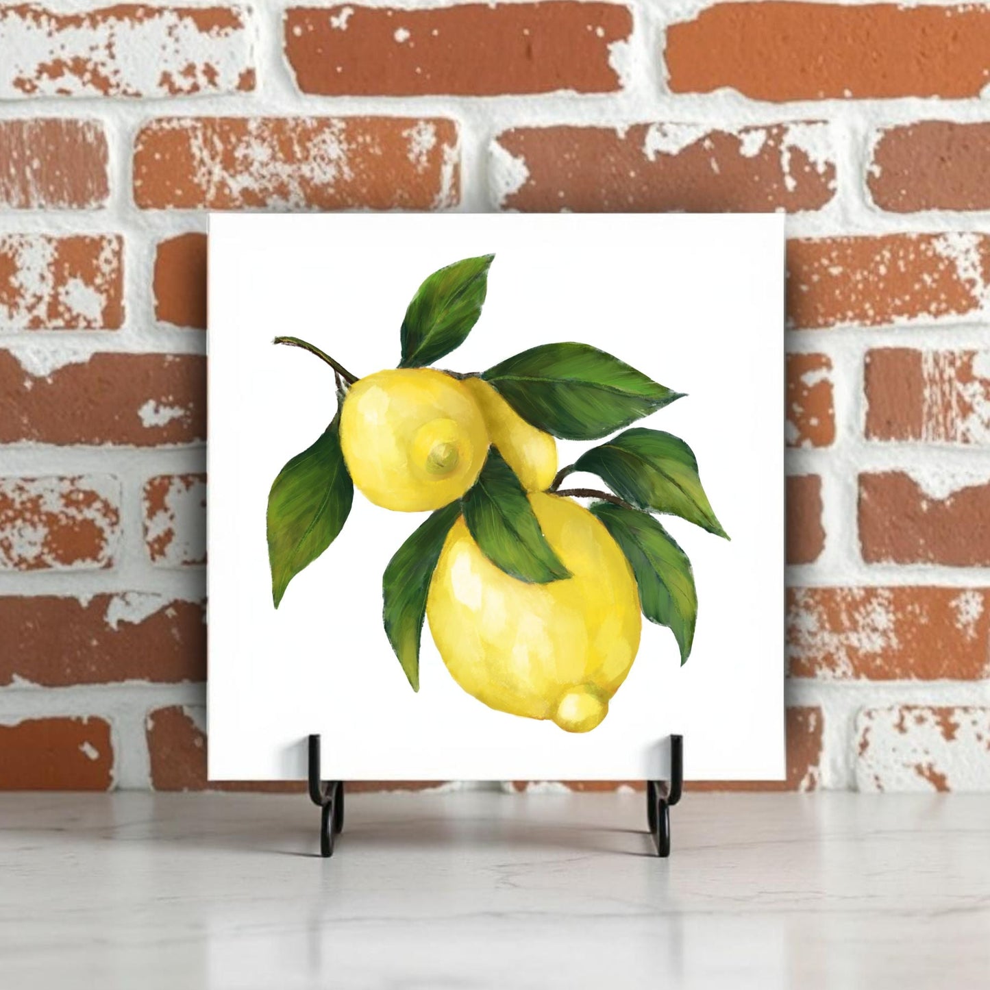 Lemon Branch Ceramic Tile – Handcrafted Citrus Artwork - MerikaArt