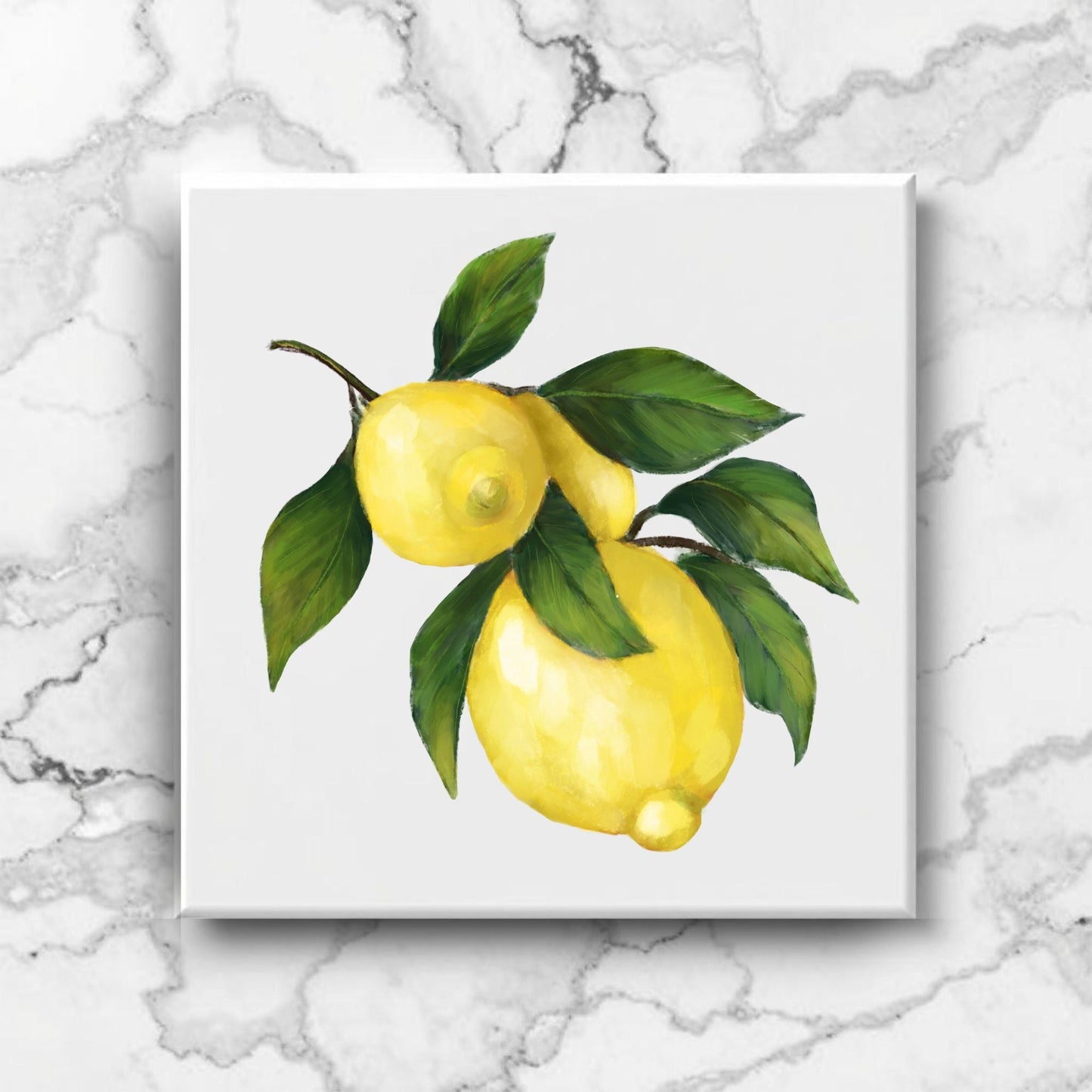 Lemon Branch Ceramic Tile – Handcrafted Citrus Artwork - MerikaArt