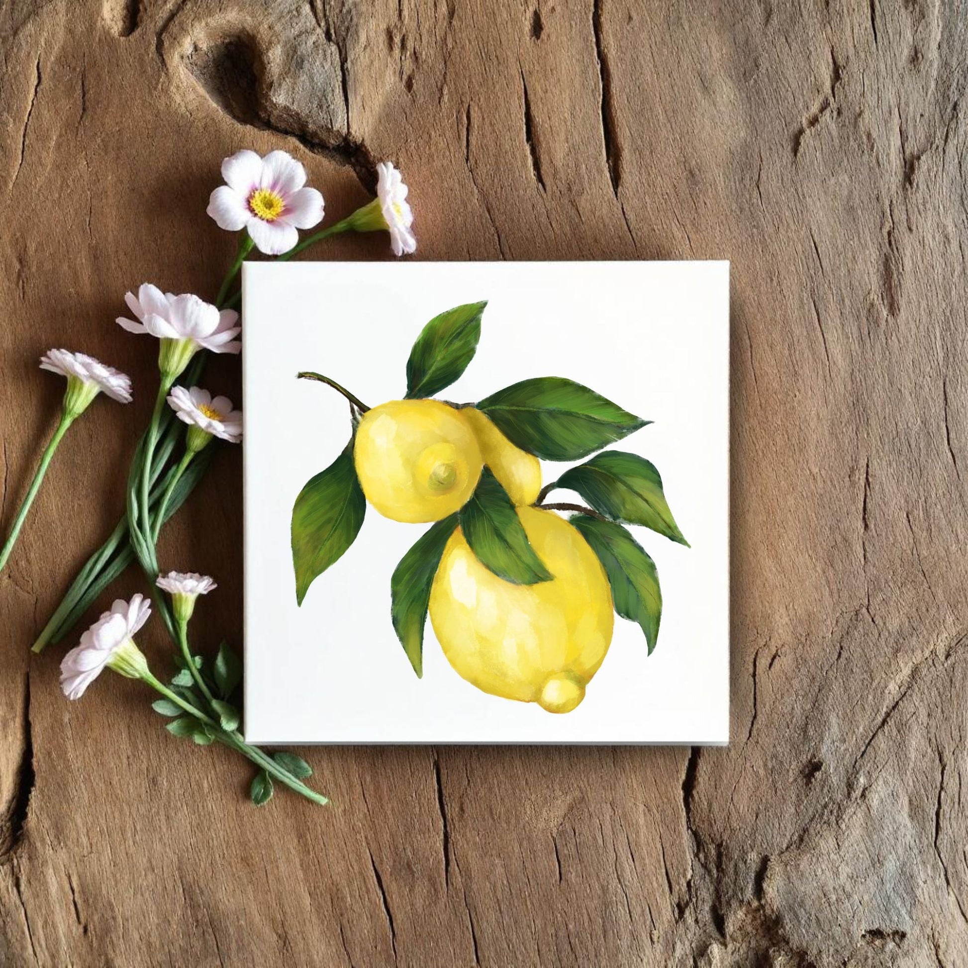 Lemon Branch Ceramic Tile – Handcrafted Citrus Artwork - MerikaArt