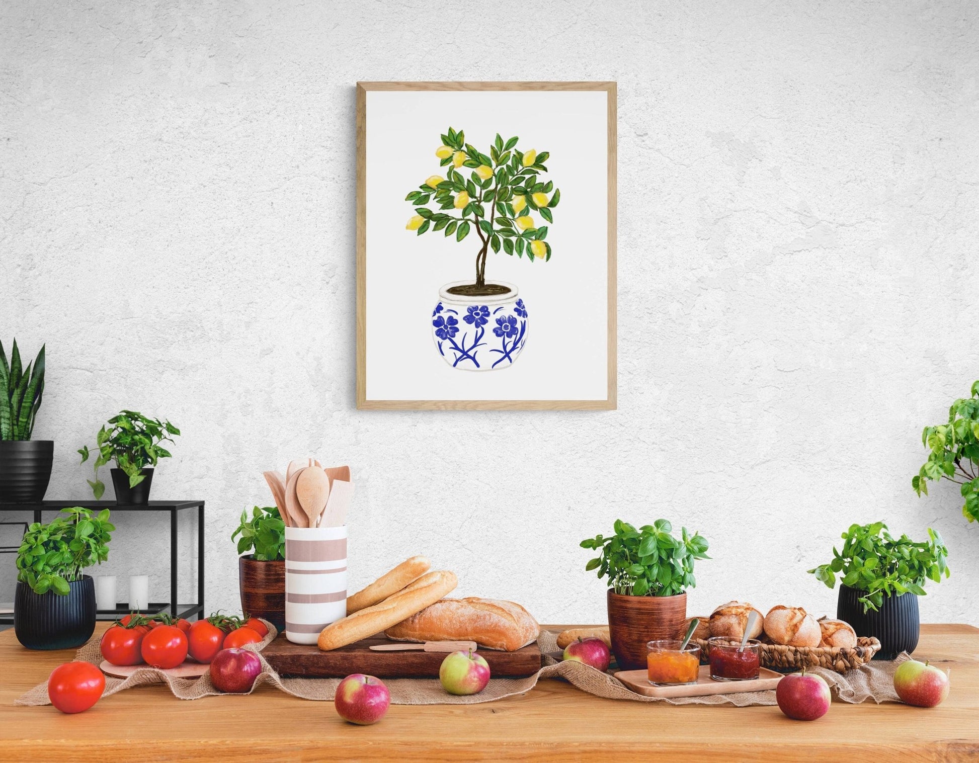 Lemon Tree Art Print, Fresh Lemons Wall Art, Blue and White Planter, Dining Room Decor, Citrus Painting, Fruit Illustration, Farmhouse Decor - MerikaArt