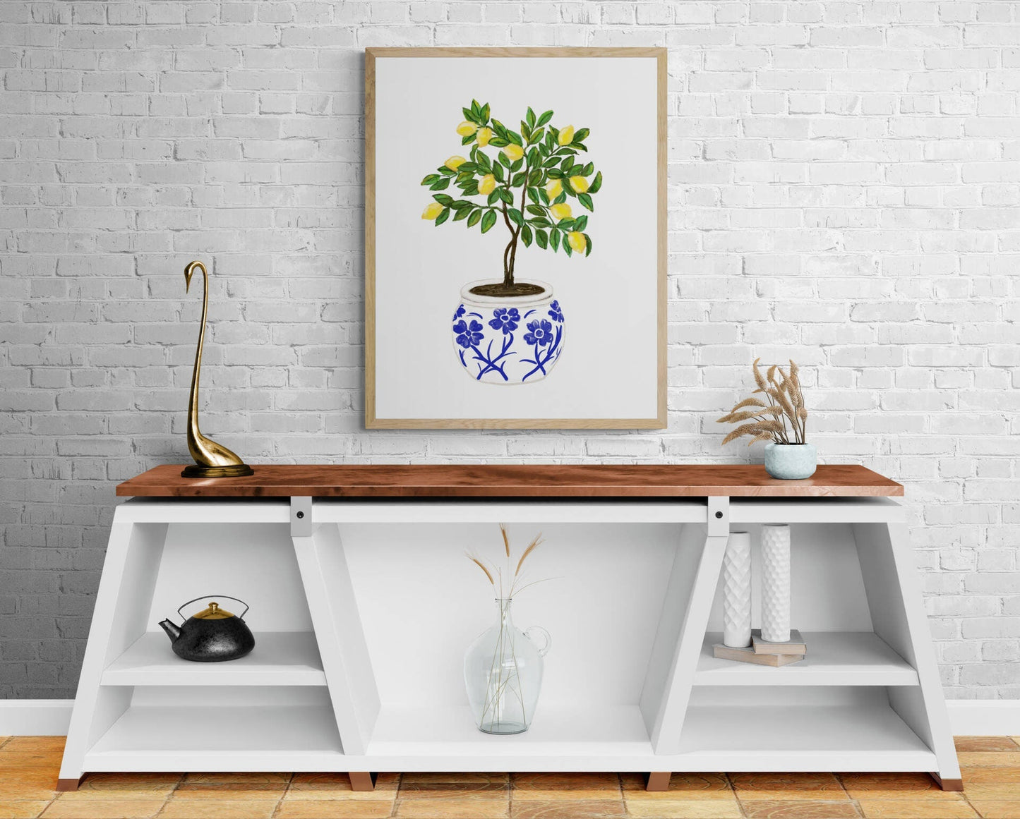 Lemon Tree Art Print, Fresh Lemons Wall Art, Blue and White Planter, Dining Room Decor, Citrus Painting, Fruit Illustration, Farmhouse Decor - MerikaArt