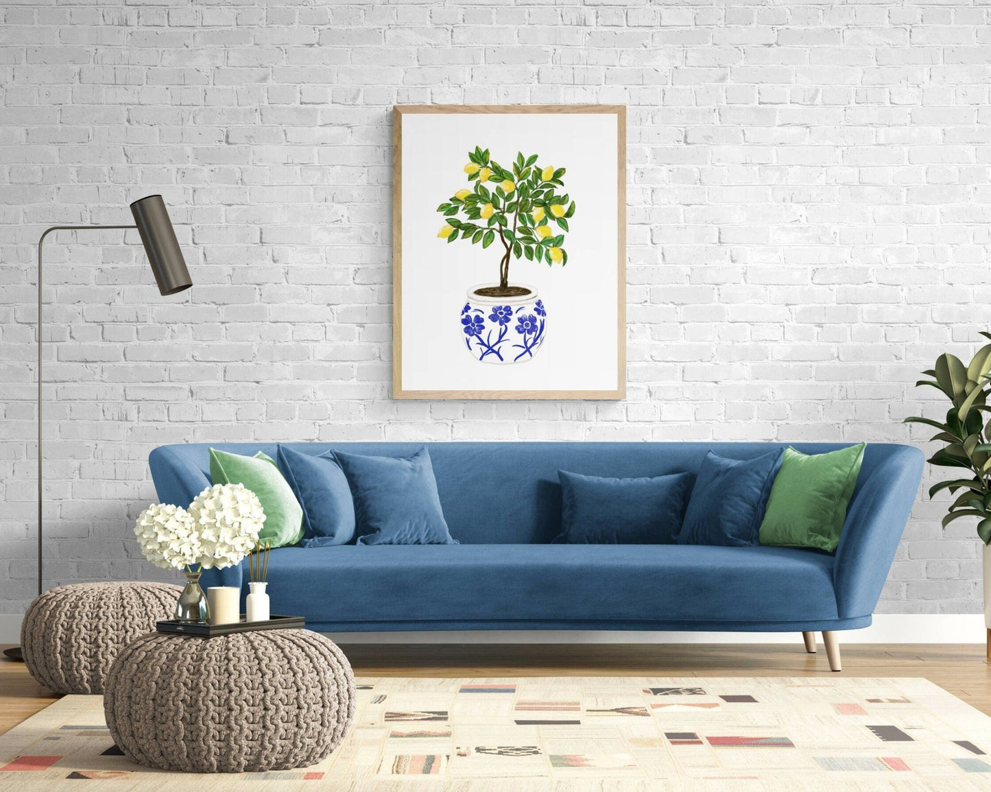 Lemon Tree Art Print, Fresh Lemons Wall Art, Blue and White Planter, Dining Room Decor, Citrus Painting, Fruit Illustration, Farmhouse Decor - MerikaArt