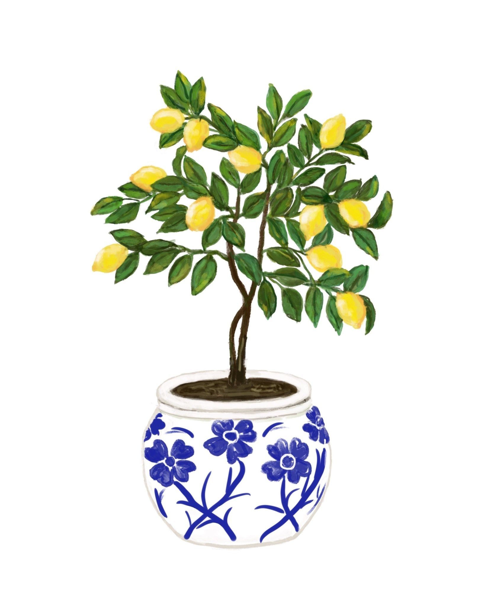 Lemon Tree Art Print, Fresh Lemons Wall Art, Blue and White Planter, Dining Room Decor, Citrus Painting, Fruit Illustration, Farmhouse Decor - MerikaArt