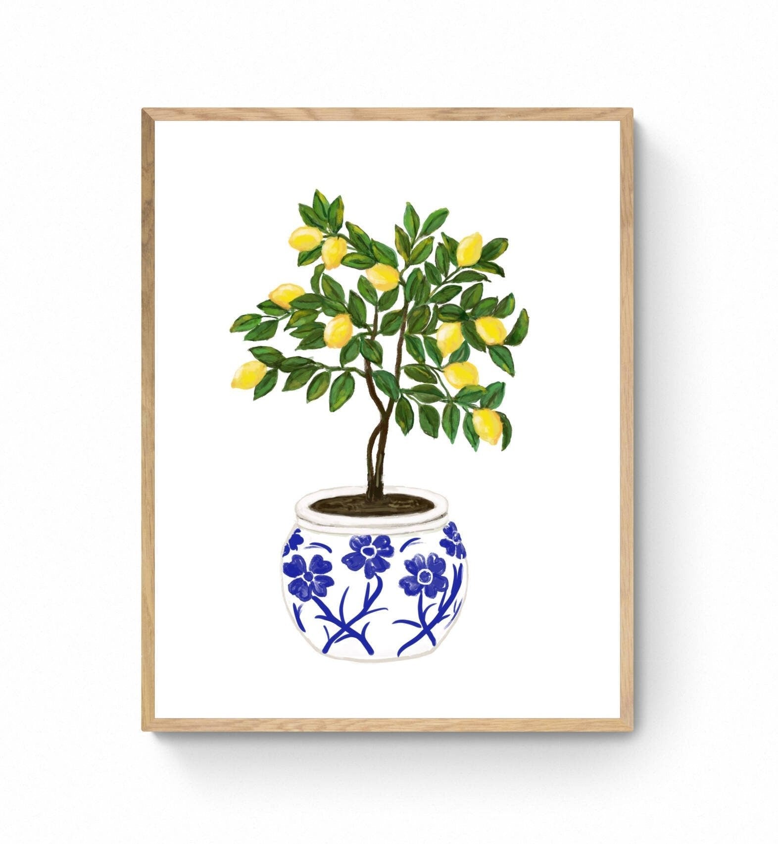 Lemon Tree Art Print, Fresh Lemons Wall Art, Blue and White Planter, Dining Room Decor, Citrus Painting, Fruit Illustration, Farmhouse Decor - MerikaArt