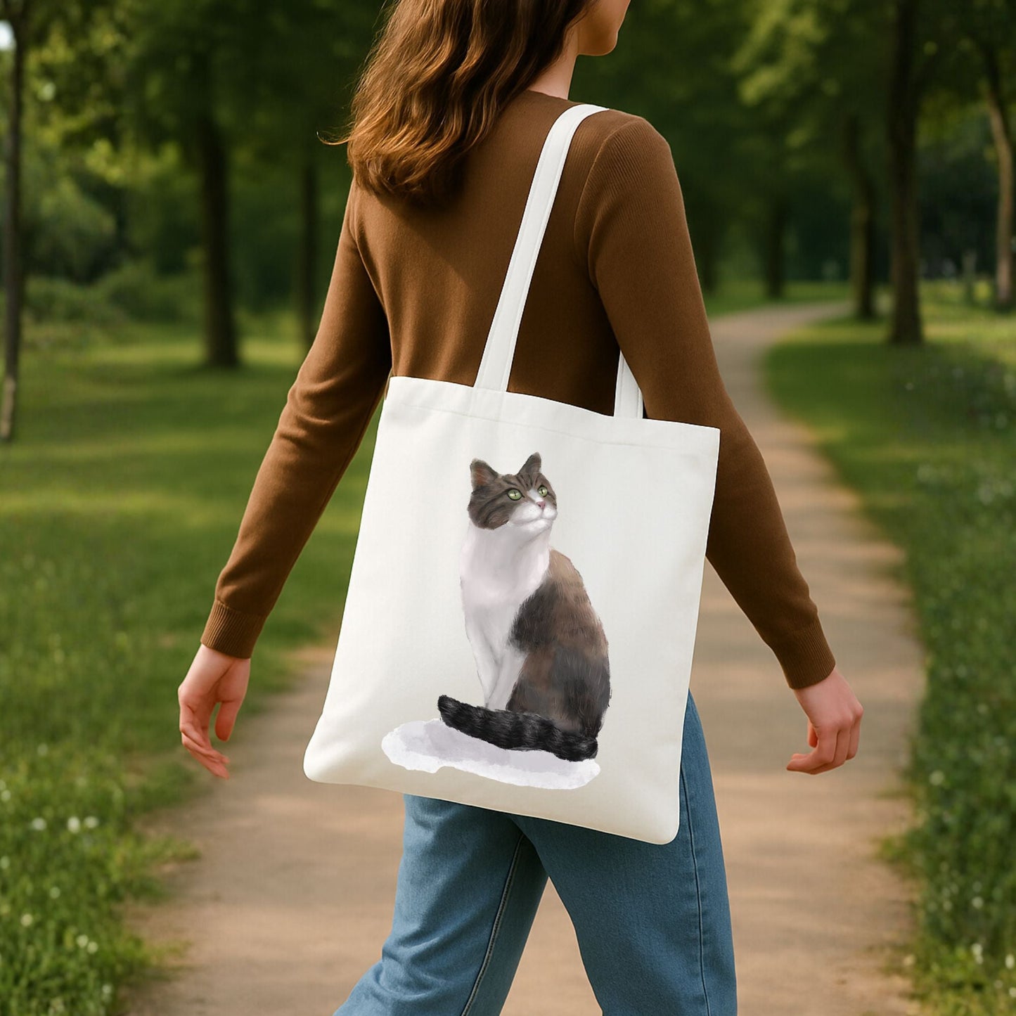 Longhaired Brown and White Cat Illustration Canvas Tote Bag - MerikaArt