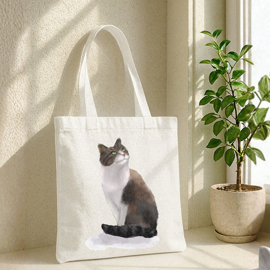 Longhaired Brown and White Cat Illustration Canvas Tote Bag - MerikaArt