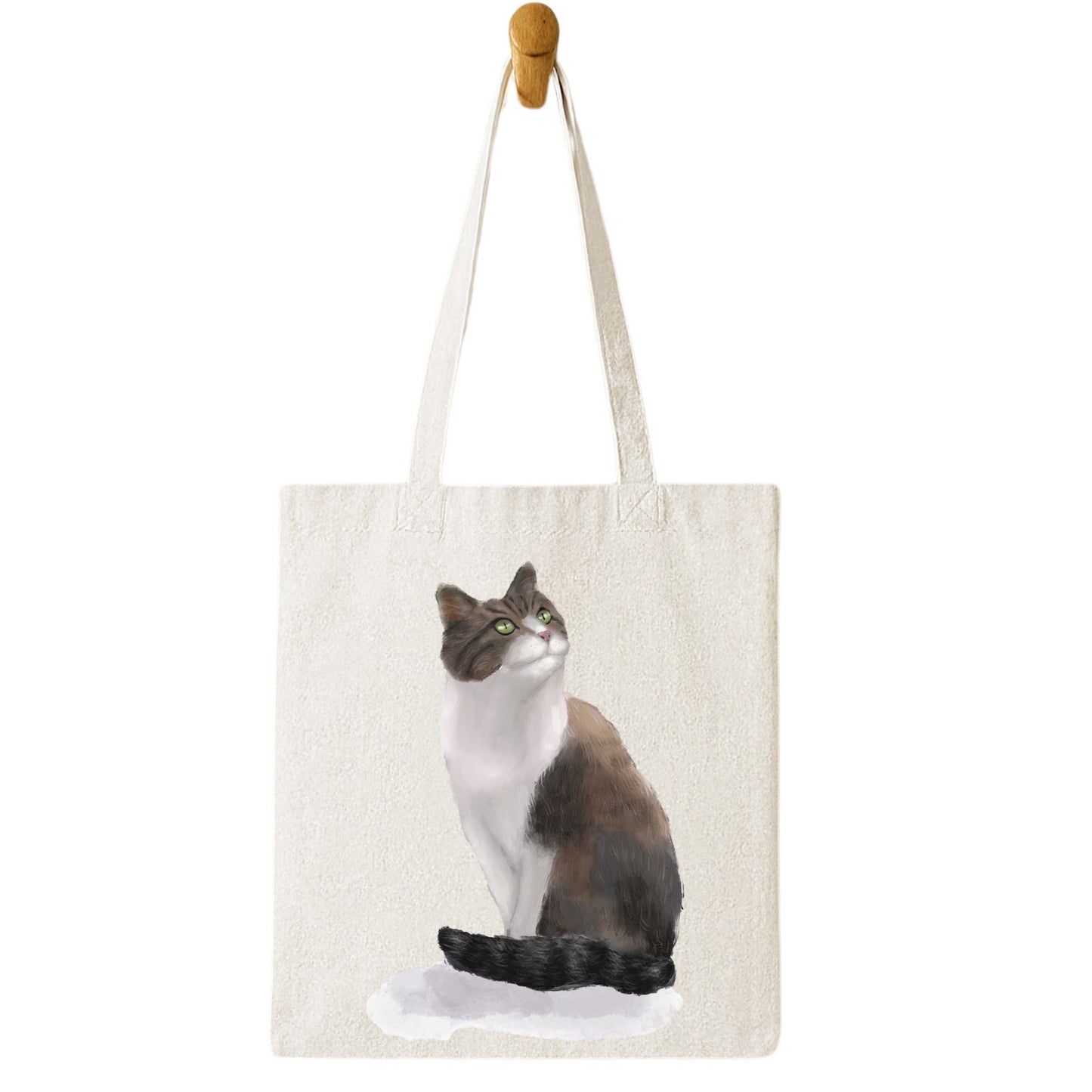 Longhaired Brown and White Cat Illustration Canvas Tote Bag - MerikaArt