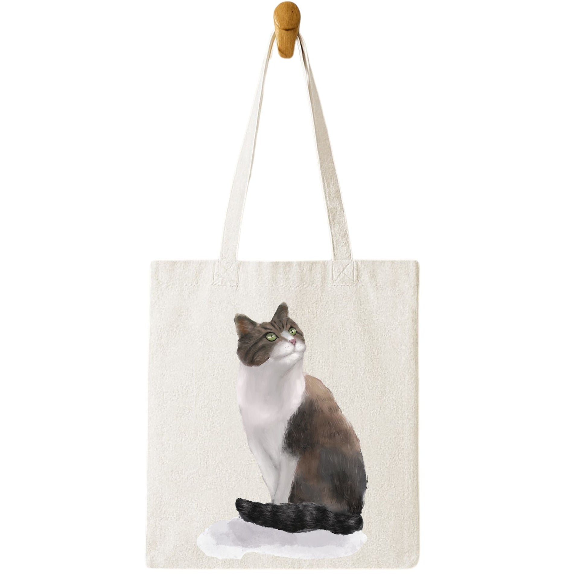Longhaired Brown and White Cat Illustration Canvas Tote Bag - MerikaArt