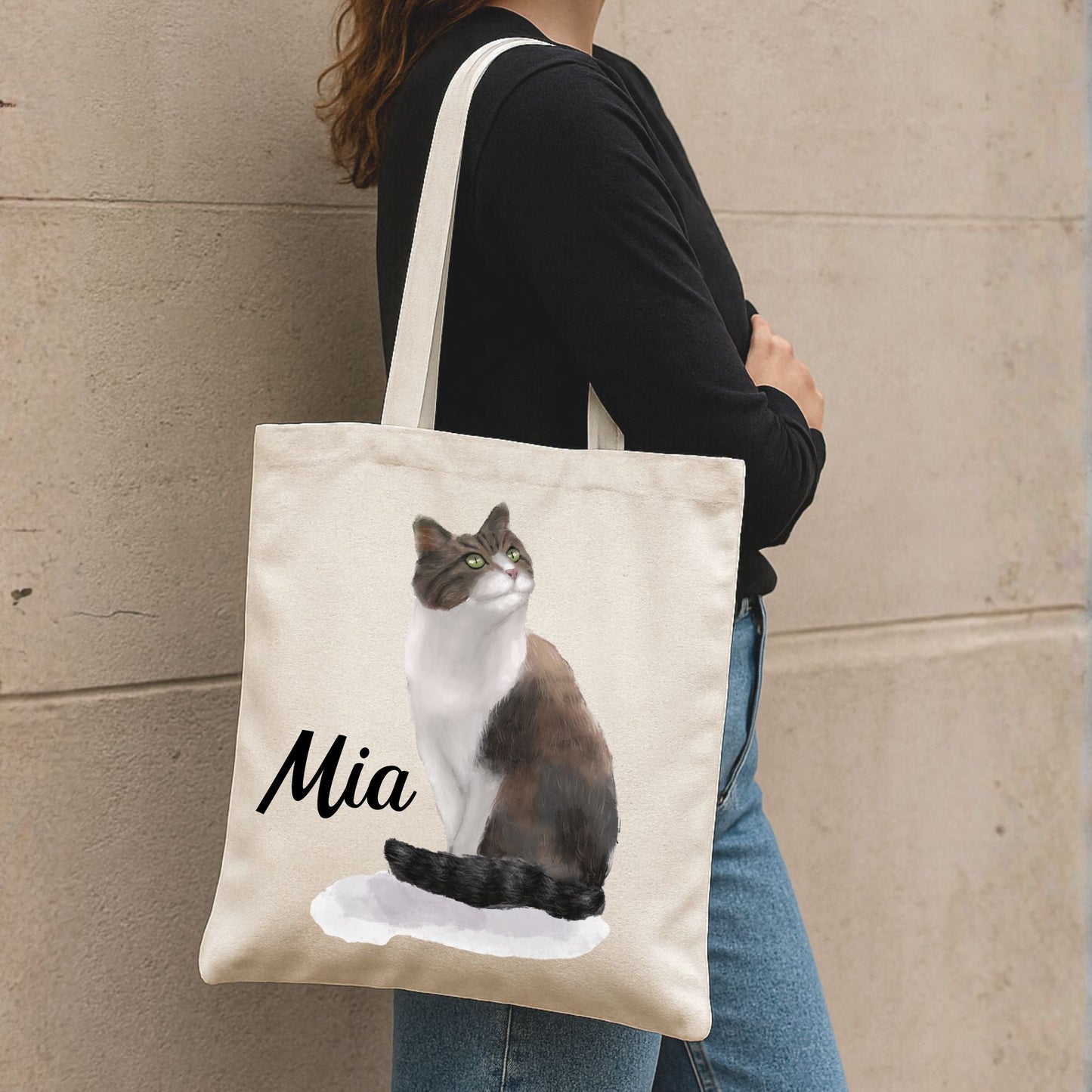 Longhaired Brown and White Cat Illustration Canvas Tote Bag - MerikaArt