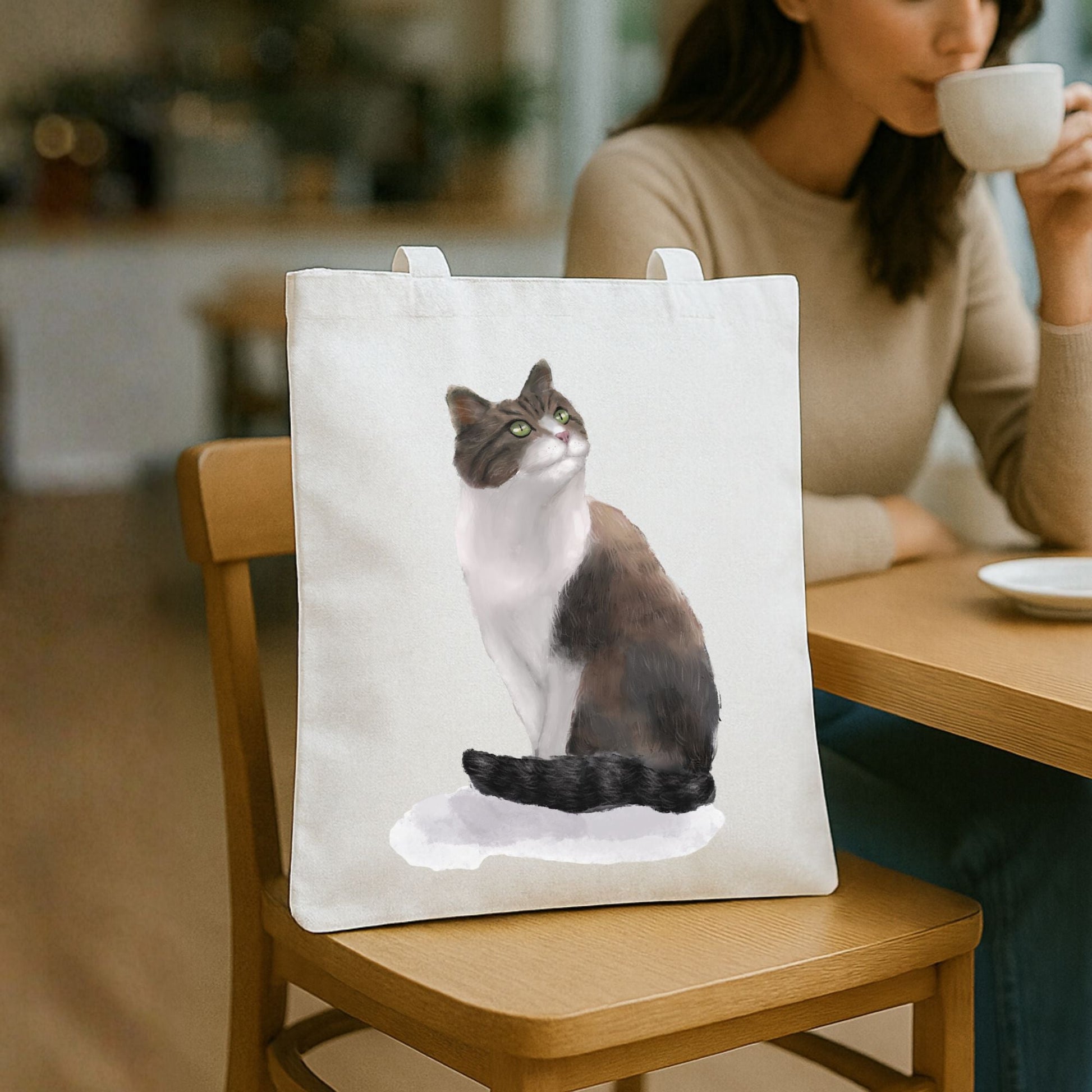 Longhaired Brown and White Cat Illustration Canvas Tote Bag - MerikaArt