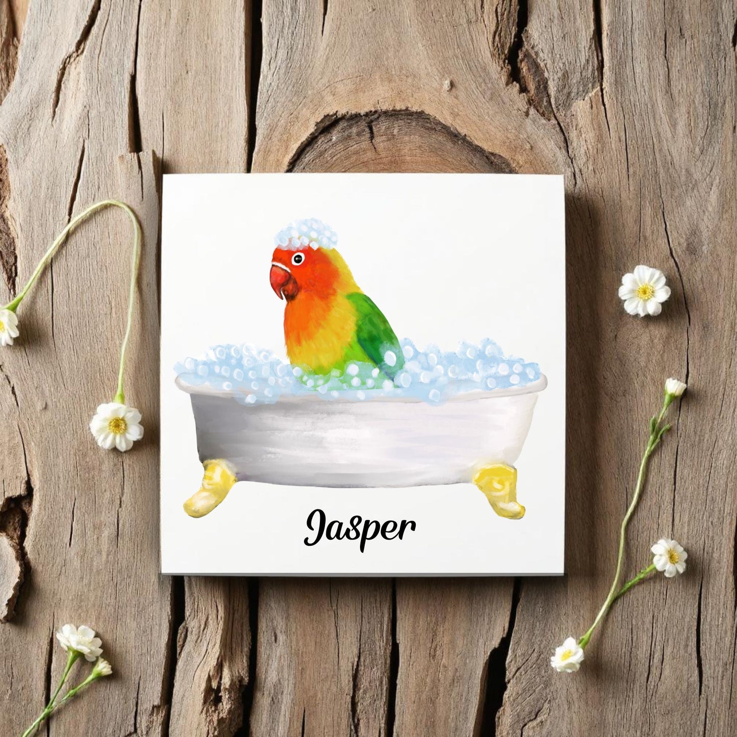 Lovebird in Bathtub Ceramic Tile – Handcrafted Bird Lover Decor - MerikaArt