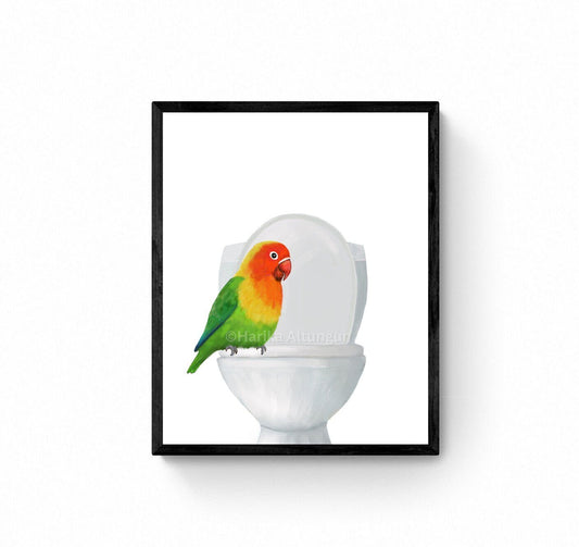 Lovebird On Toilet Print, Parrot Artwork, Bathroom Wall Art, Bird Memorial Painting, Tropical Bird Relaxing In Bath Print, Bird Lover Art - MerikaArt