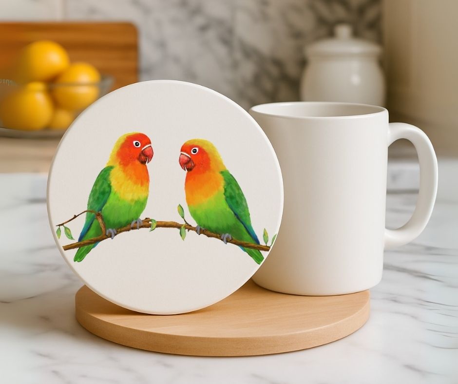 Lovebird Pair Ceramic Coaster - MerikaArt