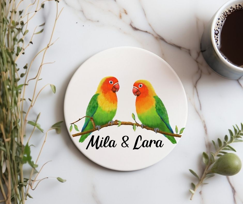 Lovebird Pair Ceramic Coaster - MerikaArt