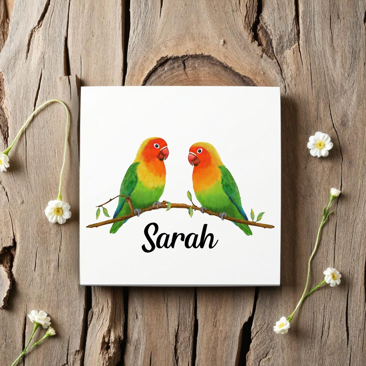 Lovebird Pair on Branch Ceramic Tile - MerikaArt