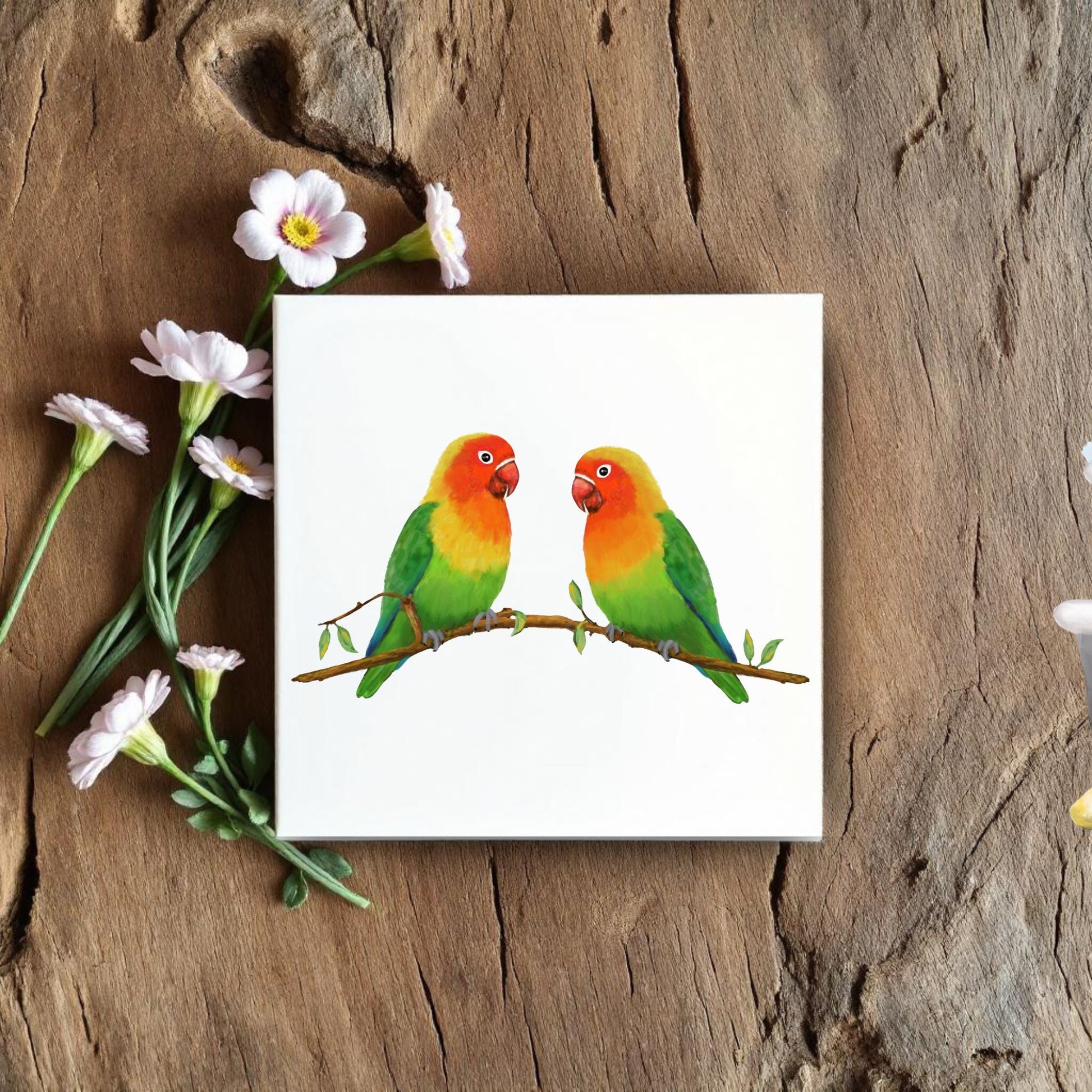 Lovebird Pair on Branch Ceramic Tile - MerikaArt