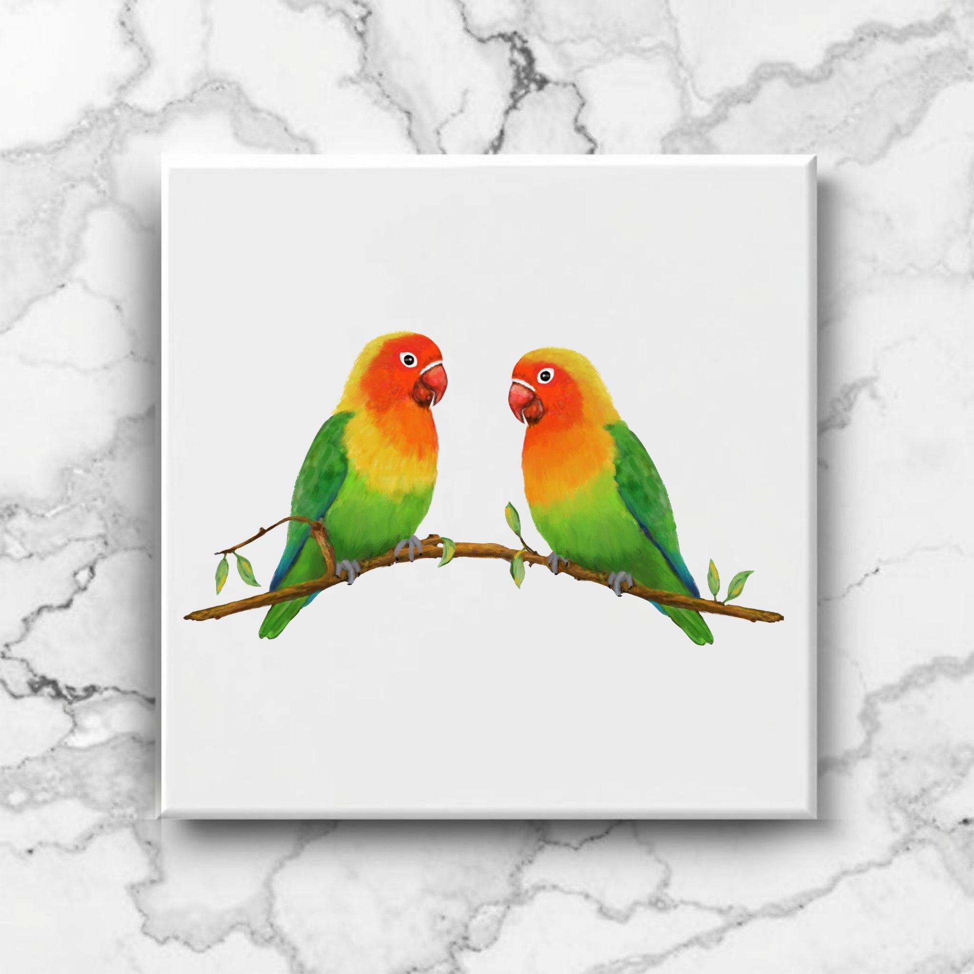 Lovebird Pair on Branch Ceramic Tile - MerikaArt