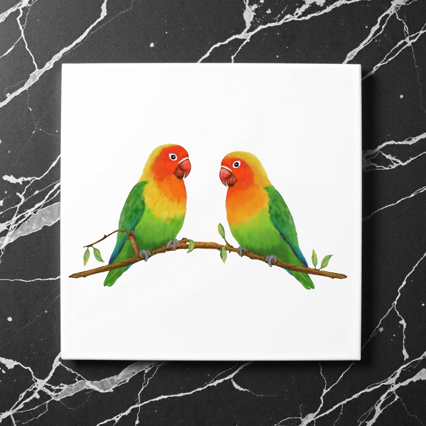 Lovebird Pair on Branch Ceramic Tile - MerikaArt
