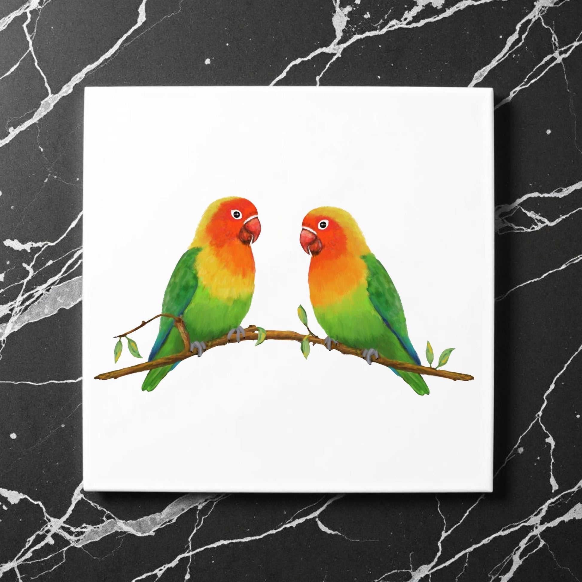 Lovebird Pair on Branch Ceramic Tile - MerikaArt