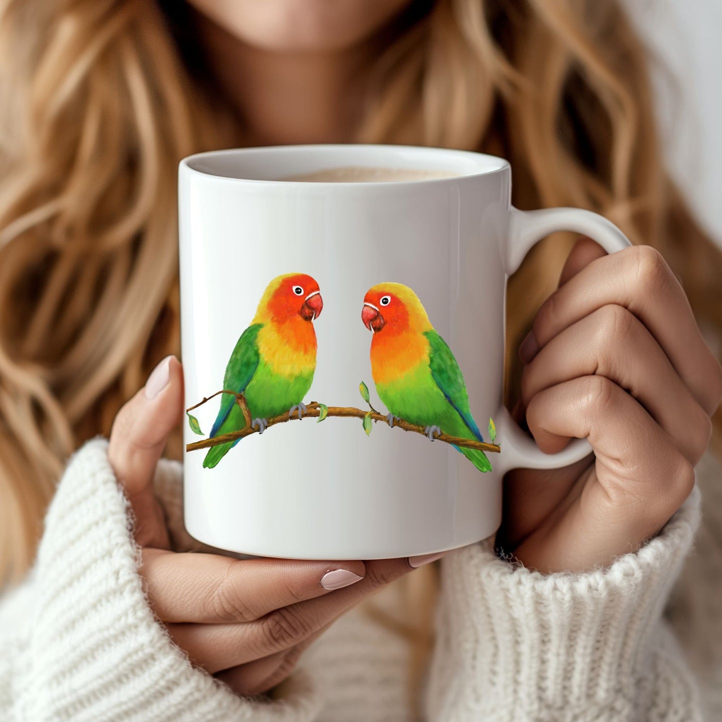 Lovebirds on a Branch Ceramic Coffee Mug - MerikaArt