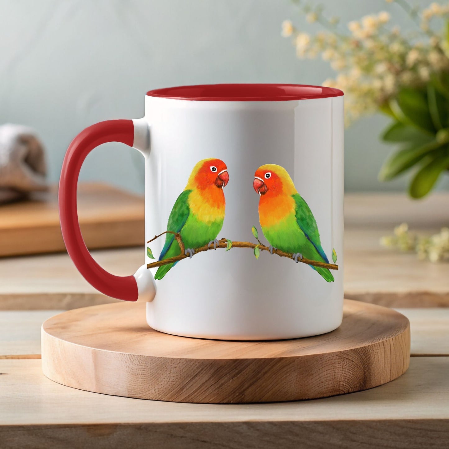 Lovebirds on a Branch Ceramic Coffee Mug - MerikaArt