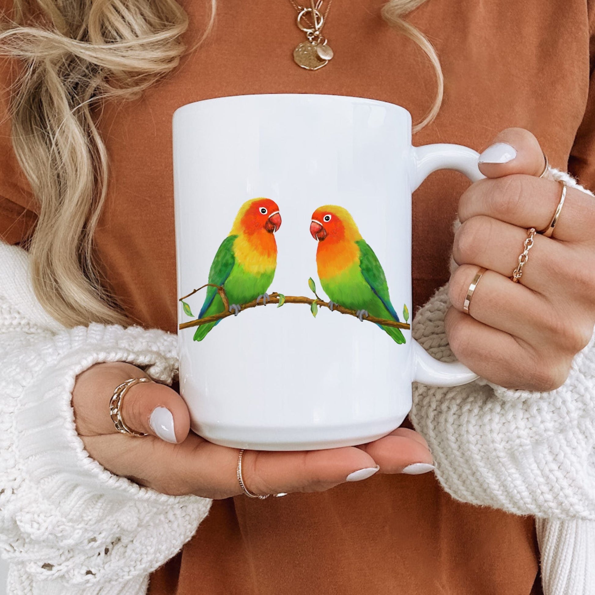 Lovebirds on a Branch Ceramic Coffee Mug - MerikaArt