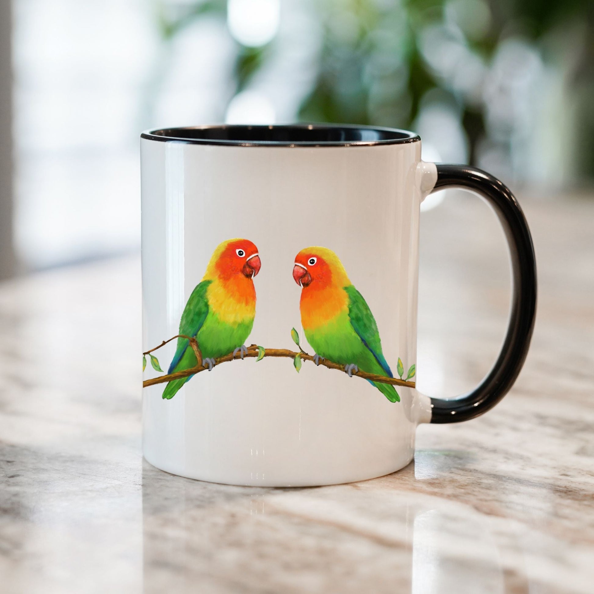 Lovebirds on a Branch Ceramic Coffee Mug - MerikaArt