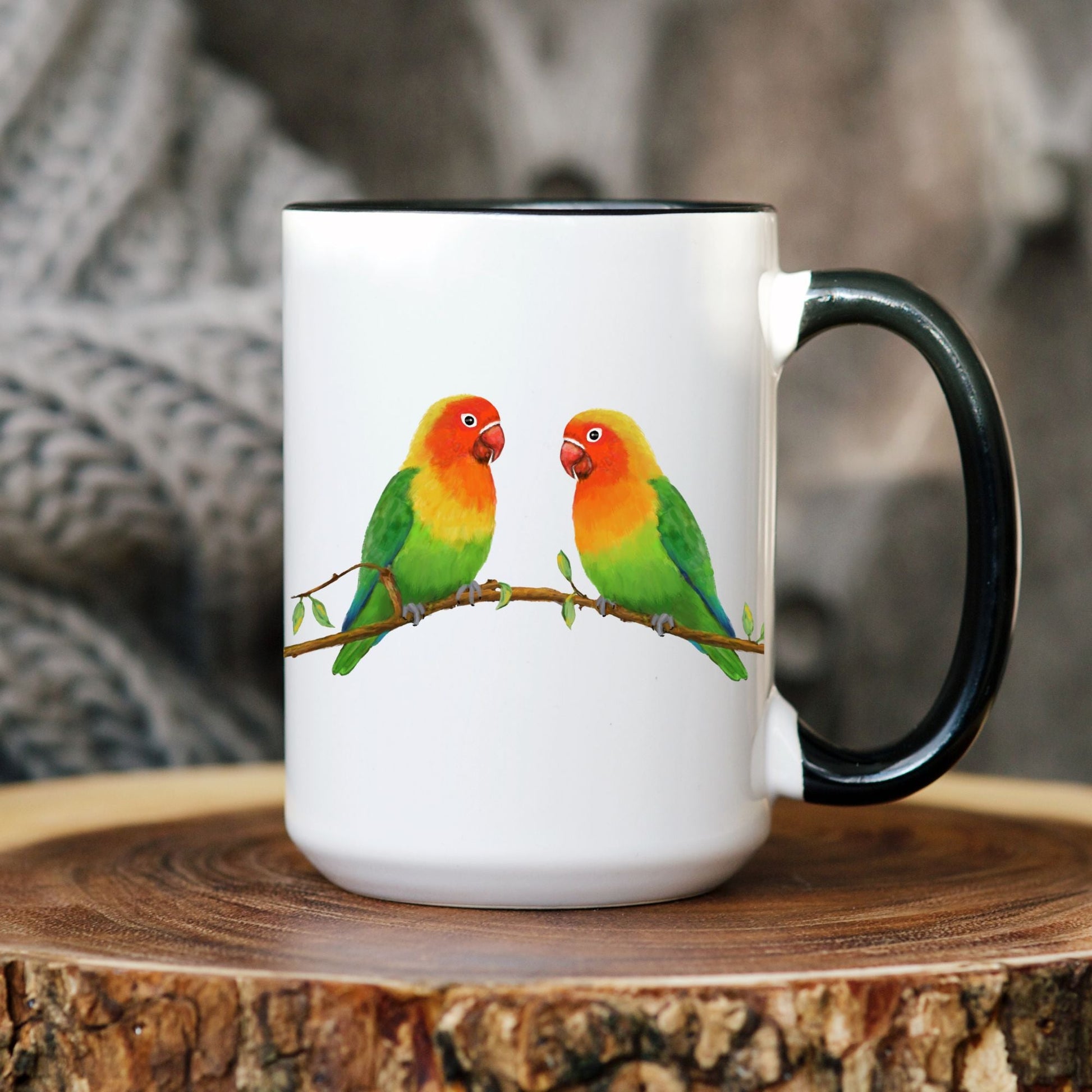 Lovebirds on a Branch Ceramic Coffee Mug - MerikaArt