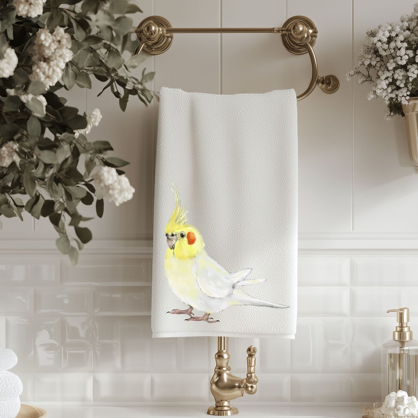 Lutino Cockatiel Bathroom Towel - MerikaArt