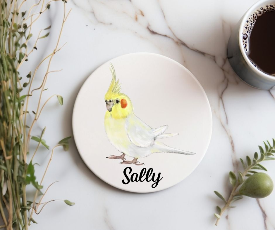 Lutino Cockatiel Ceramic Coaster - MerikaArt