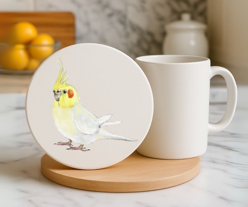 Lutino Cockatiel Ceramic Coaster - MerikaArt
