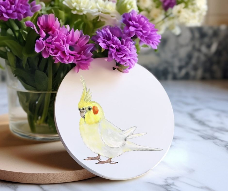 Lutino Cockatiel Ceramic Coaster - MerikaArt