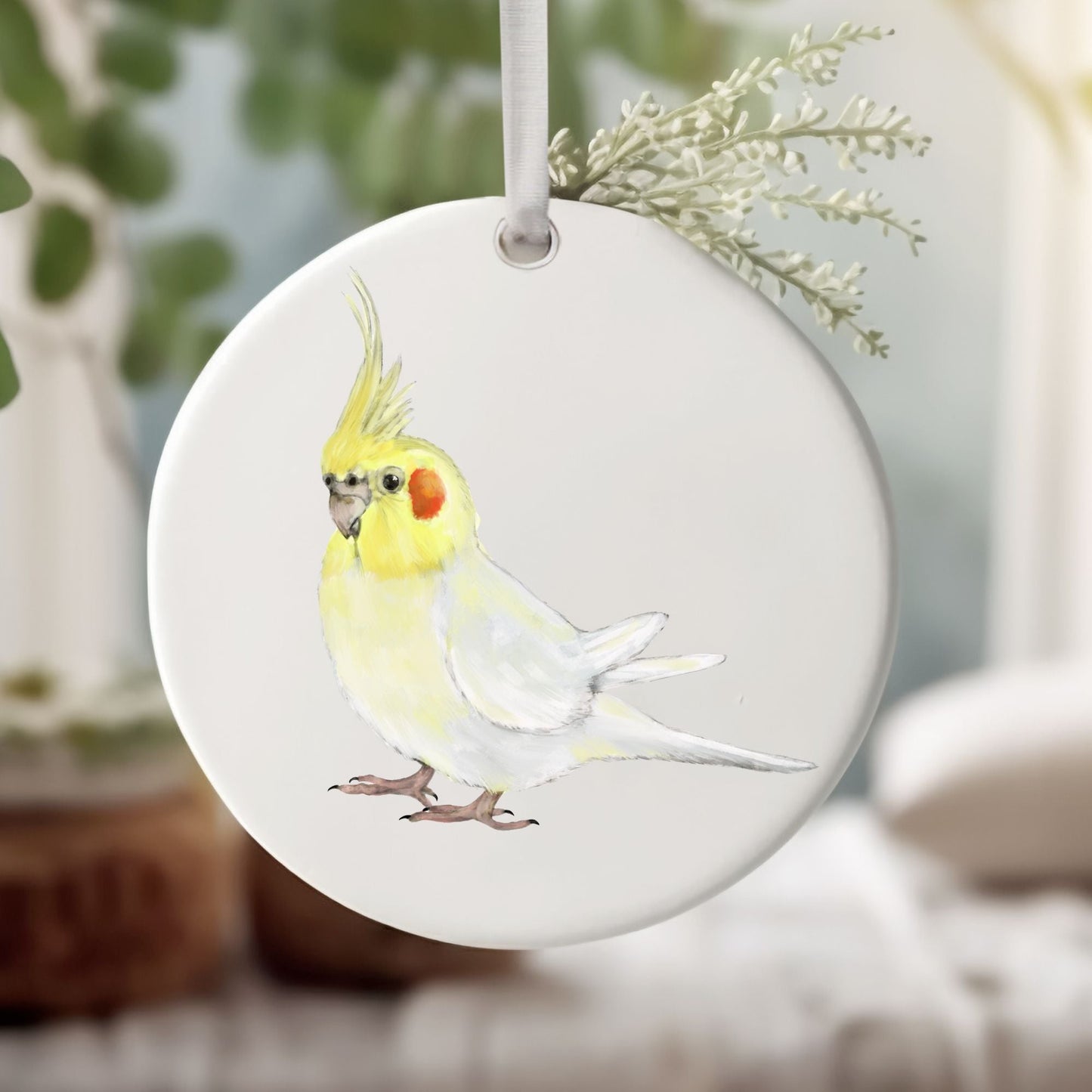 Lutino Cockatiel Ceramic Ornament - MerikaArt