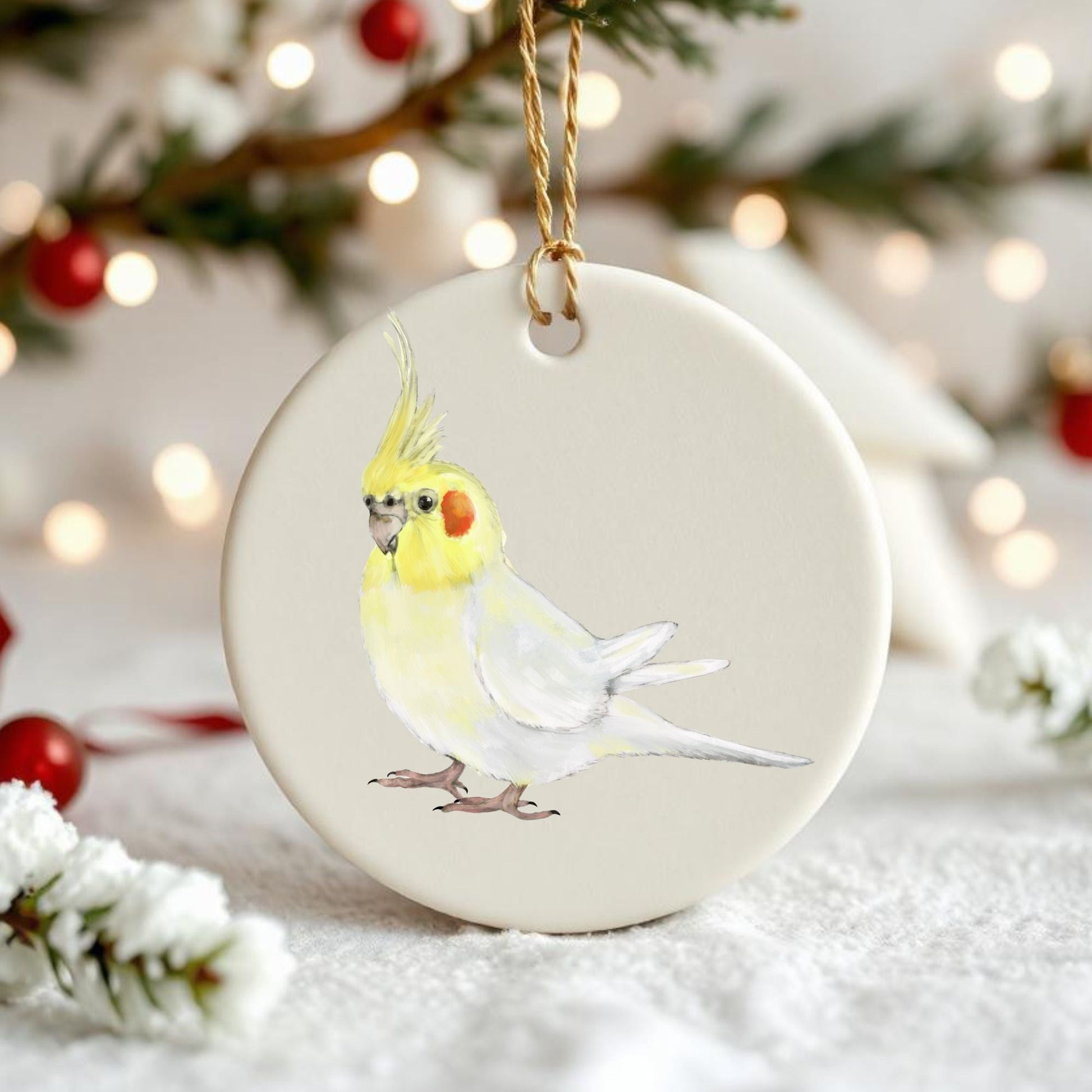 Lutino Cockatiel Ceramic Ornament - MerikaArt