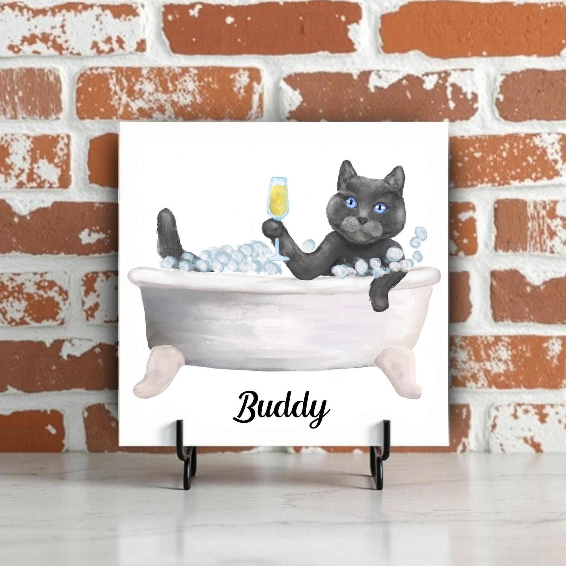 Luxurious Gray Scottish Cat in Bathtub Ceramic Tile – Handcrafted Whimsical Pet Art Decor - MerikaArt