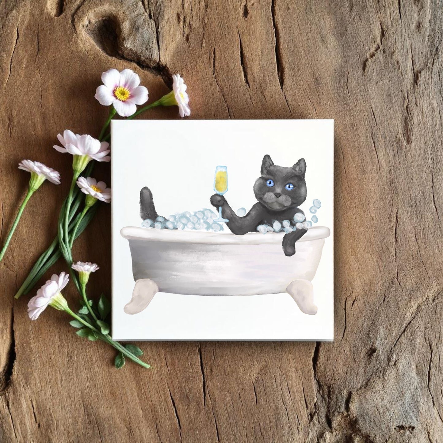 Luxurious Gray Scottish Cat in Bathtub Ceramic Tile – Handcrafted Whimsical Pet Art Decor - MerikaArt