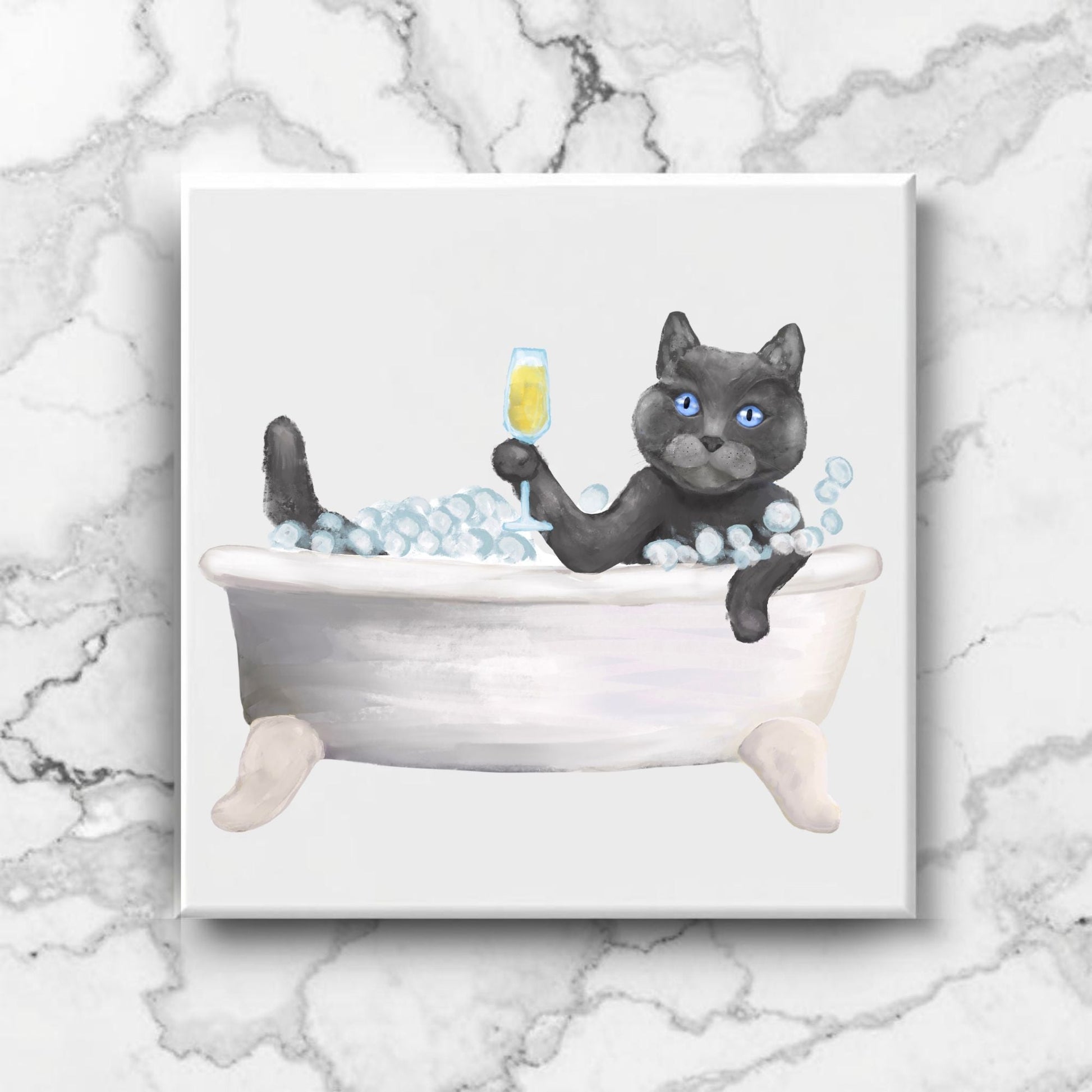 Luxurious Gray Scottish Cat in Bathtub Ceramic Tile – Handcrafted Whimsical Pet Art Decor - MerikaArt