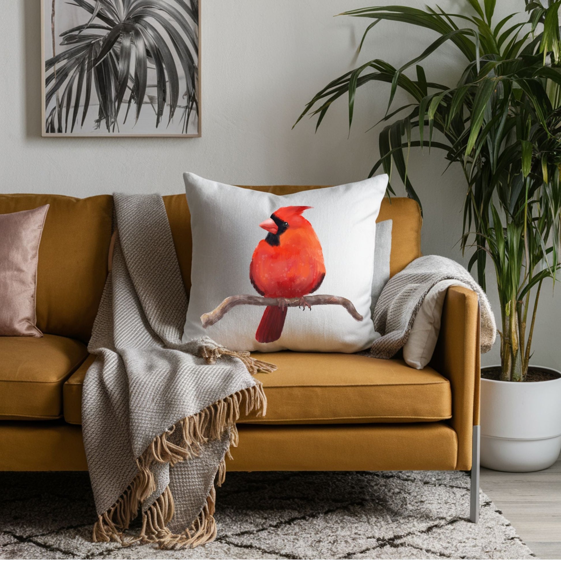 Male Cardinal Bird Pillow - MerikaArt