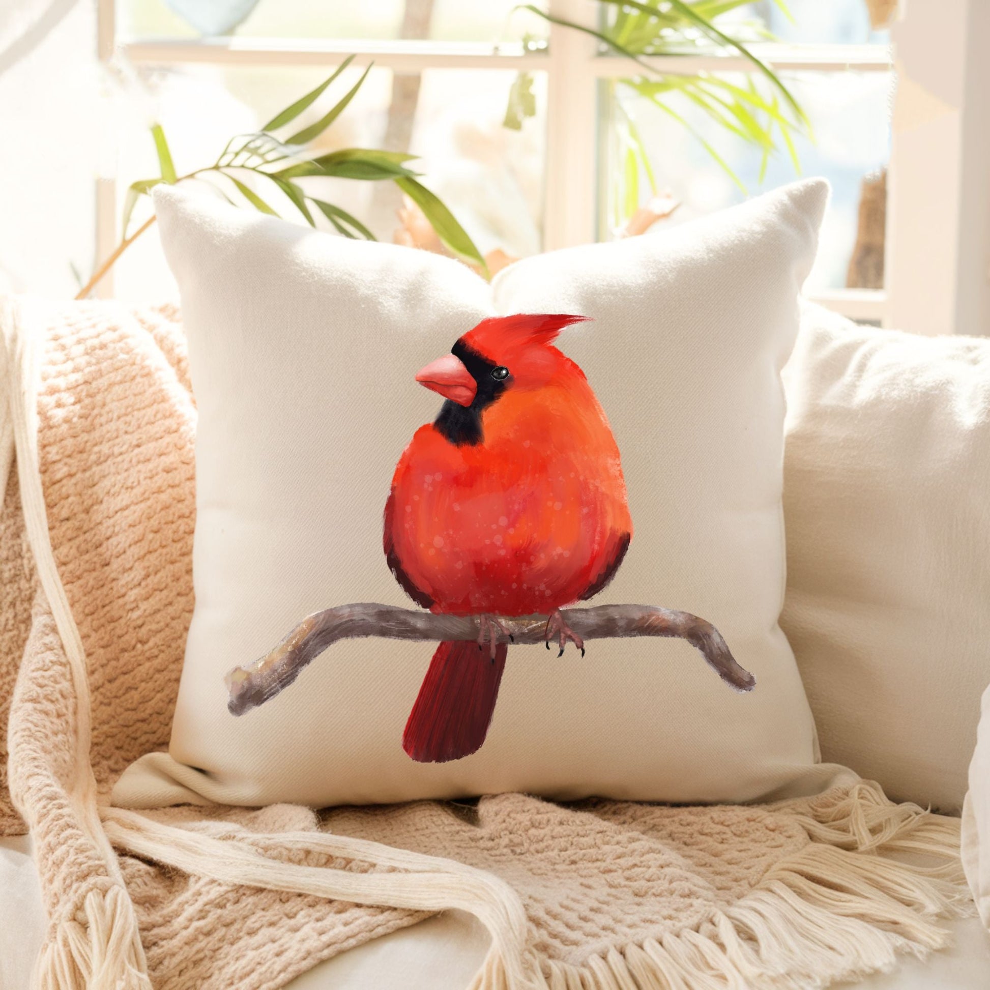 Male Cardinal Bird Pillow - MerikaArt