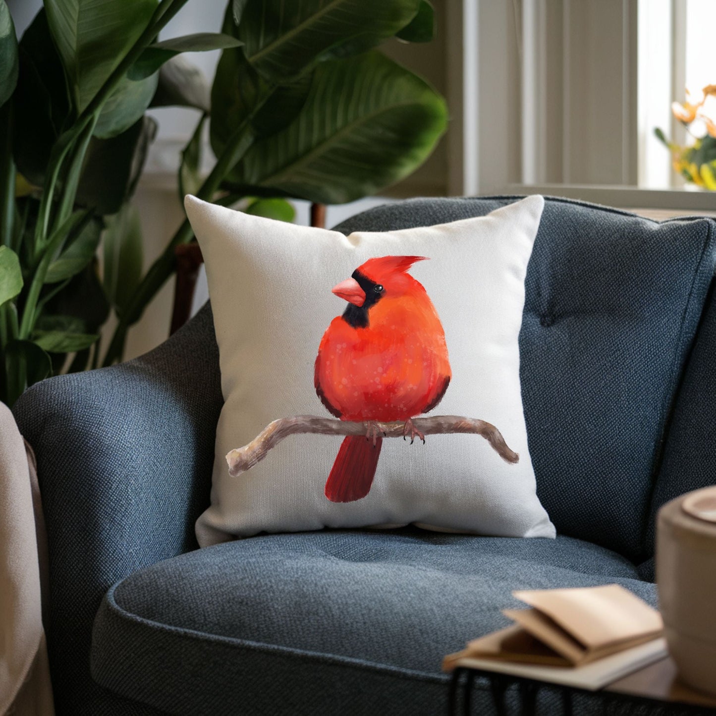 Male Cardinal Bird Pillow - MerikaArt