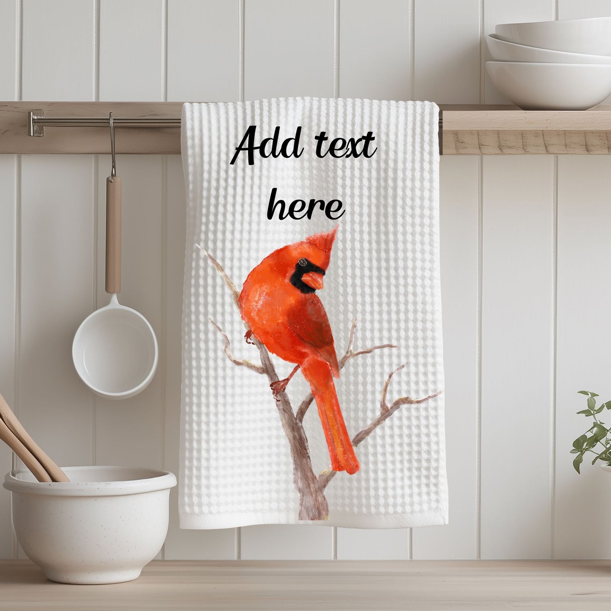 Male Northern Cardinal Bird Kitchen Towel - MerikaArt