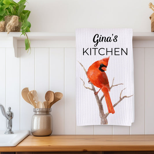 Male Northern Cardinal Bird Kitchen Towel - MerikaArt