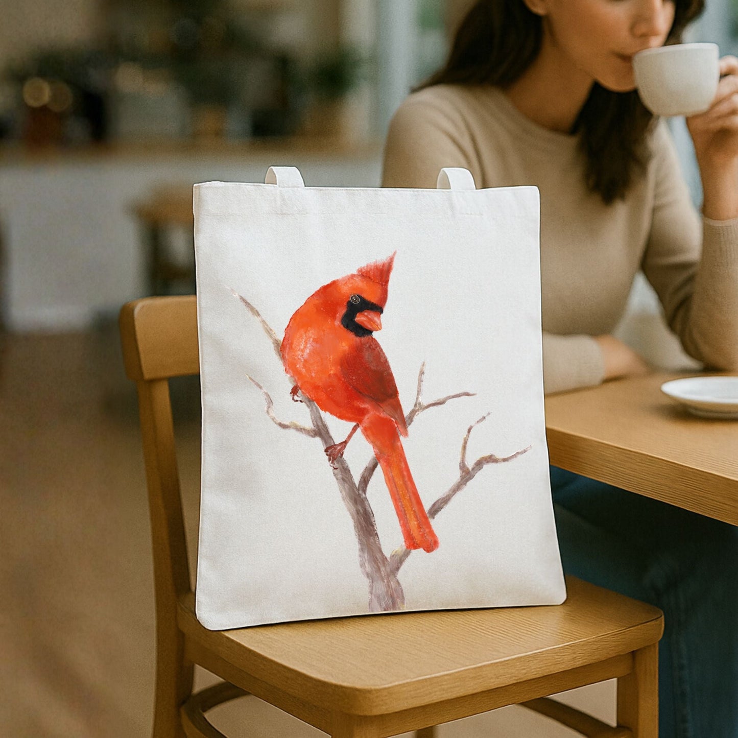 Male Northern Cardinal Canvas Tote Bag - MerikaArt
