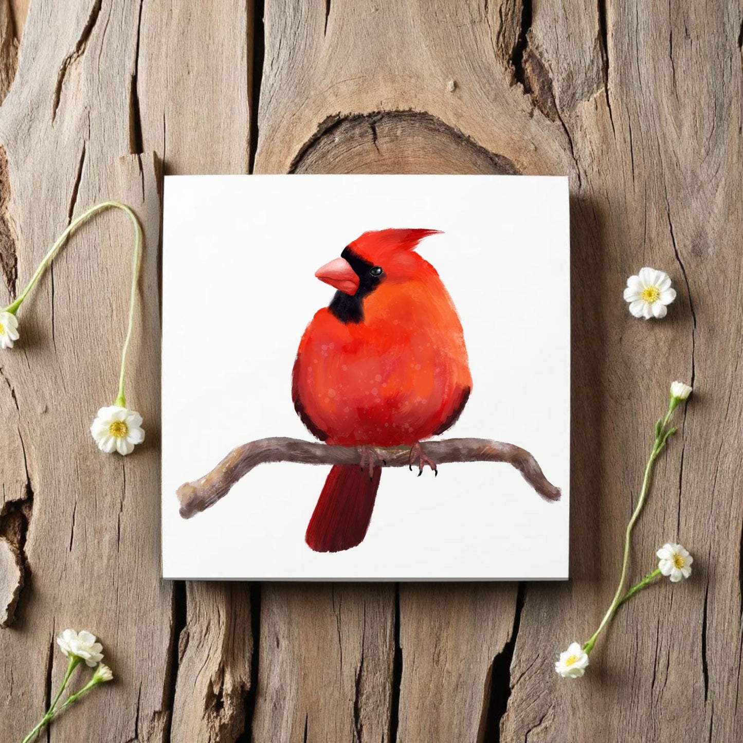 Male Northern Cardinal Ceramic Tile - MerikaArt