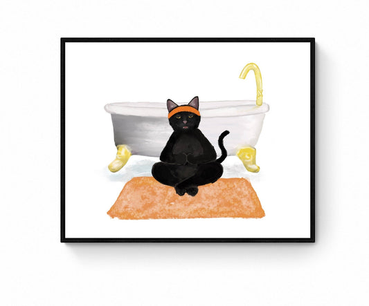 Meditating Black Cat Print, Black Cat Doing Yoga in Bathroom Art, Bathroom Cat Painting, Cat Relaxing In Bath Print, Cat Lover Gift - MerikaArt