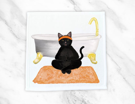 Meditative Black Cat with Bathtub Washcloth - MerikaArt