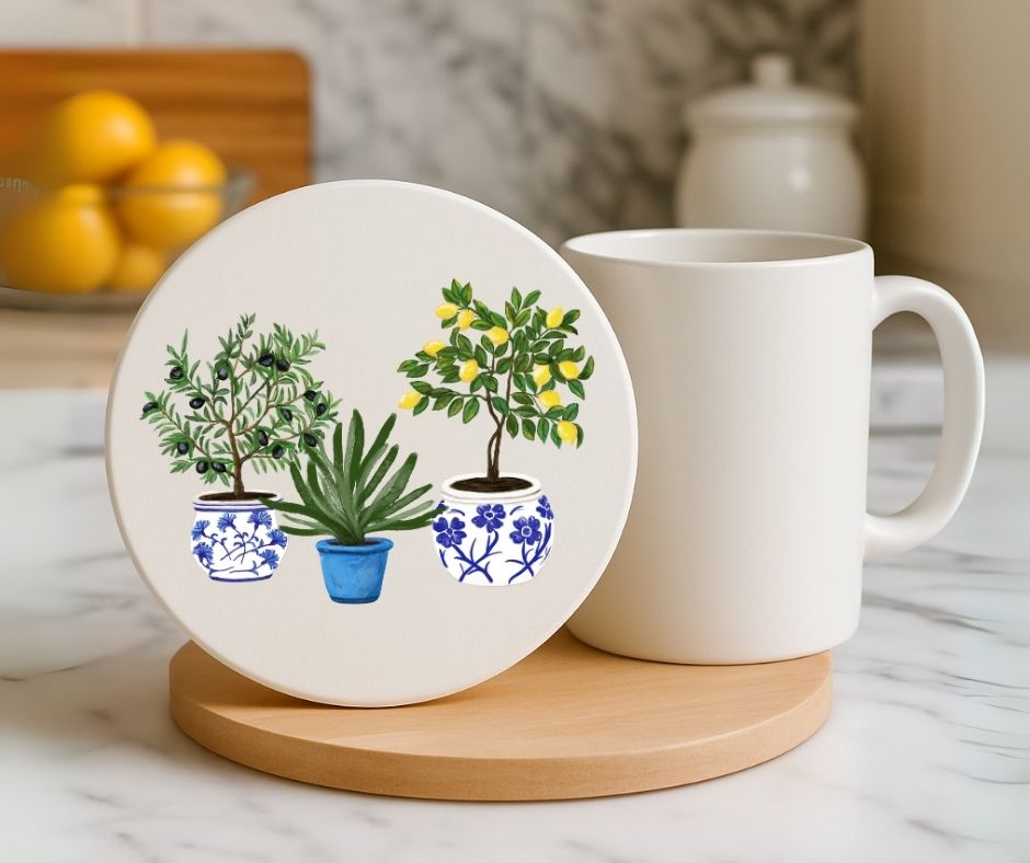 Mediterranean Potted Plants Ceramic Coaster - MerikaArt