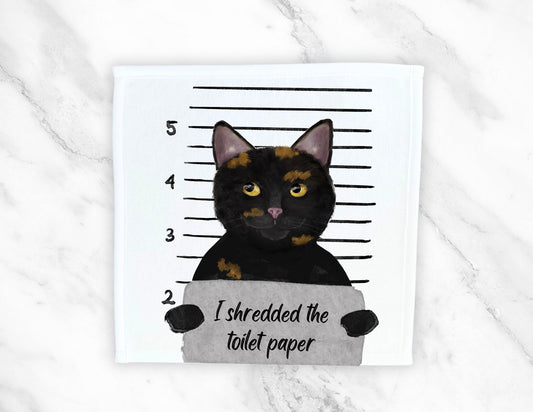 Mischievous Tortie Cat Washcloth | "I Shredded the Toilet Paper" - MerikaArt
